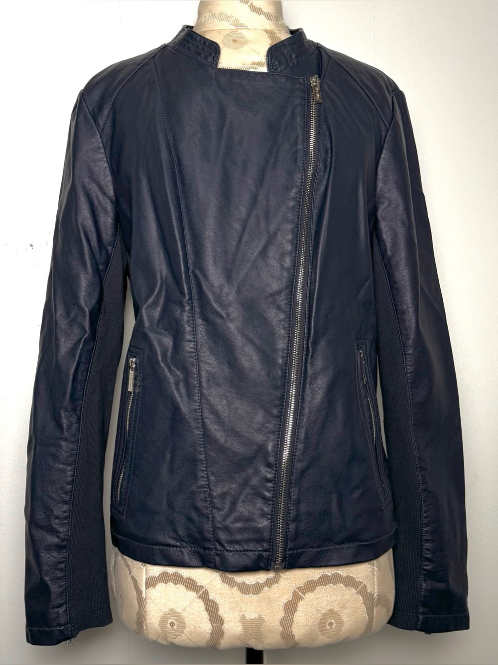 NWT Calvin Klein Navy Faux Leather Moto Jacket Stretch Panels L